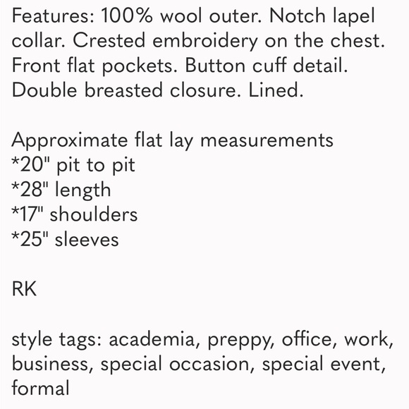 Ralph Lauren Double Breasted Wool Blazer w Crest- Missing 1 button - Picture 9 of 9